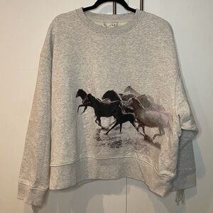 Gray Crewneck Sweatshirt with Running Horse Graphic and fringe detail